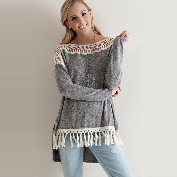 Crochet Lace Fringe Trim High Low Knit Top - Picture 6 of 6